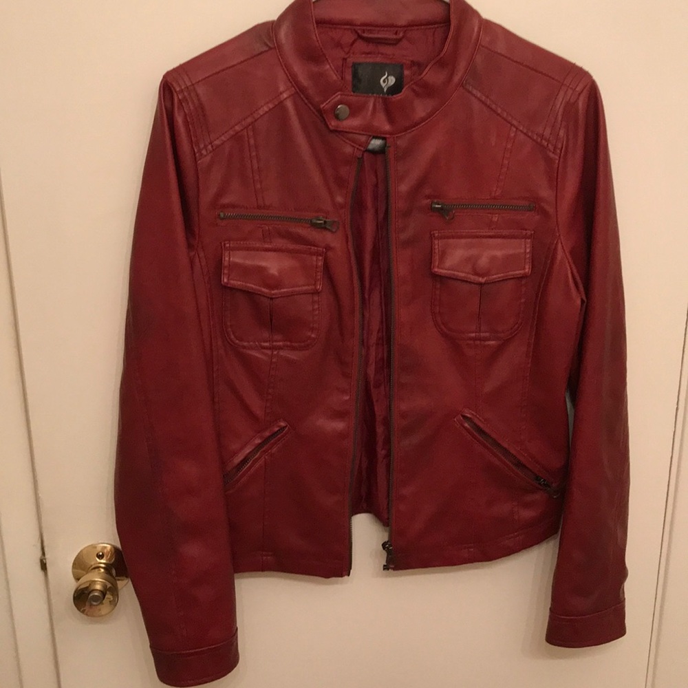 Red leather jacket with multiple pockets